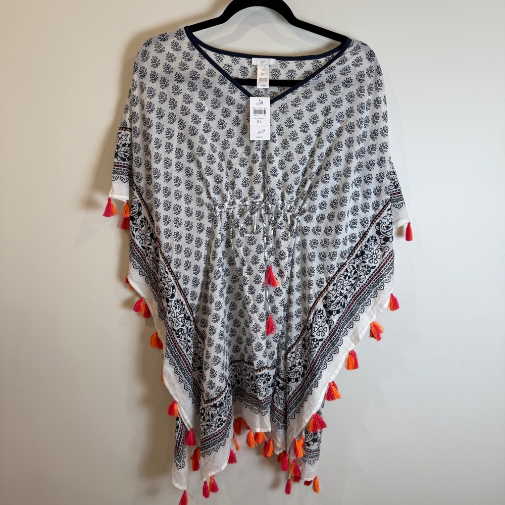 J Jill‎ Cotton Tunic Cover Up Beach Boho Tassels Print S-L